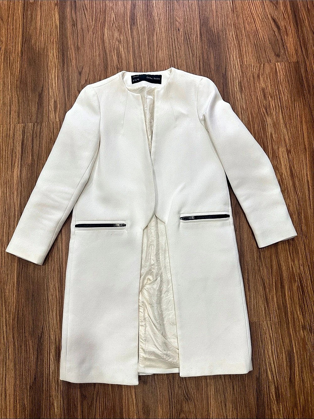 Zara Textured Longline Coat in White, Size XS